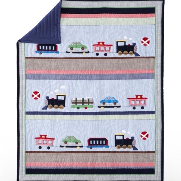Pottery Barn Kids Other - Pottery Barn Kids Blue Train & Car Quilted Baby/Child Blanket